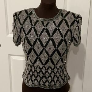Papell Boutique Black Silver Sequins Blouse Top 100% Silk Glam Bling 90s Size M